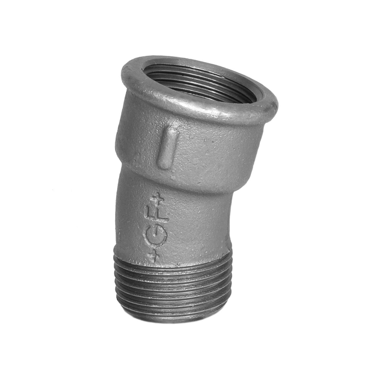 Temperguss 15° Bogen 1“ AG x 1“ IG Verzinkt