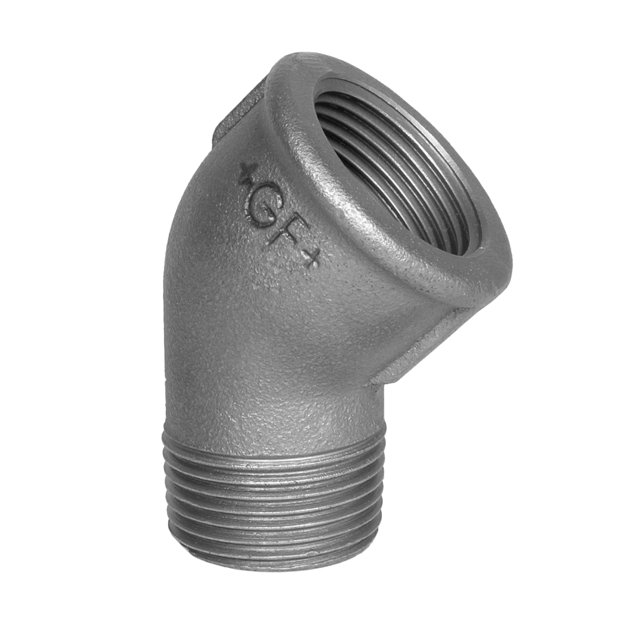Temperguss 45° Winkel 1 1/2“AG x 1 1/2“IG Verzinkt